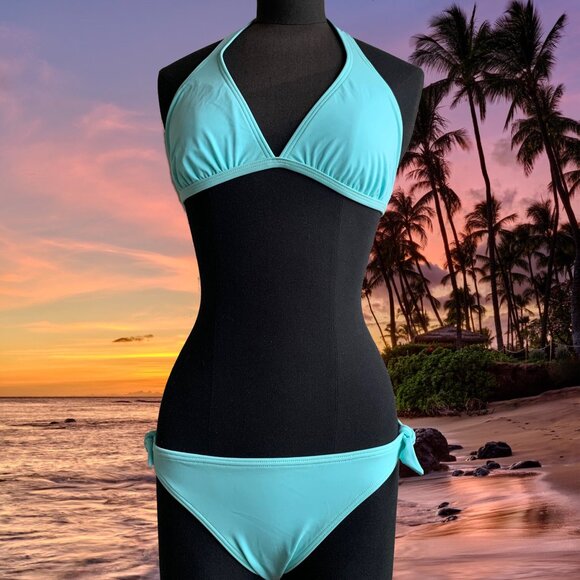 Billabong surf BLUE CRUSH era Vintage bikini aqua D cup solid halter top RARE - Picture 1 of 8